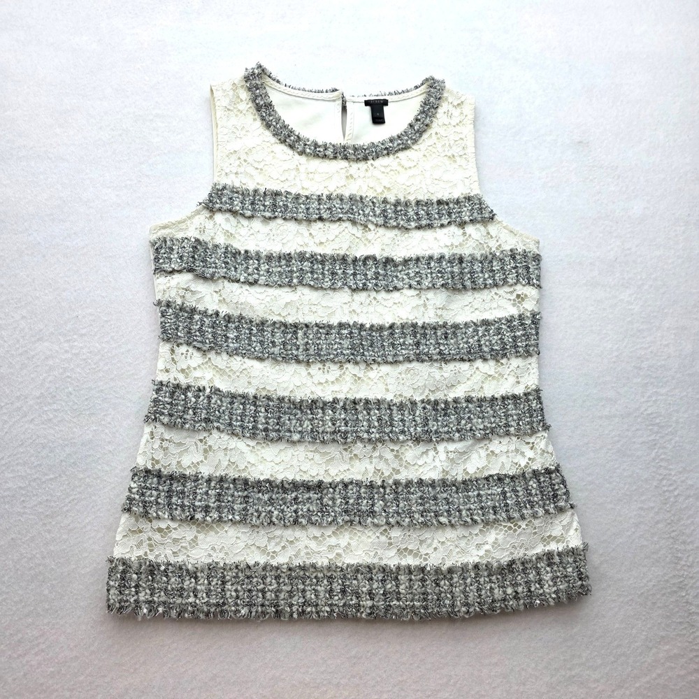 J Crew Ivory Fringey Tweed & Lace Sleelesless Top Womens S Lined